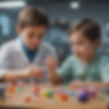 A playful scene with children interacting with bacteria-themed educational games