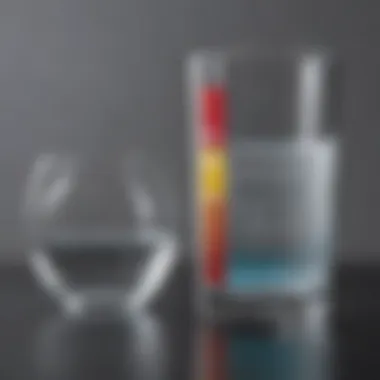 Colorimetric pH test strips next to a glass of water