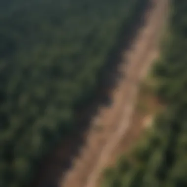 Aerial view of a deforested area juxtaposed with a lush forest.