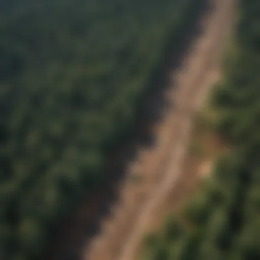 Aerial view of a deforested area juxtaposed with a lush forest.