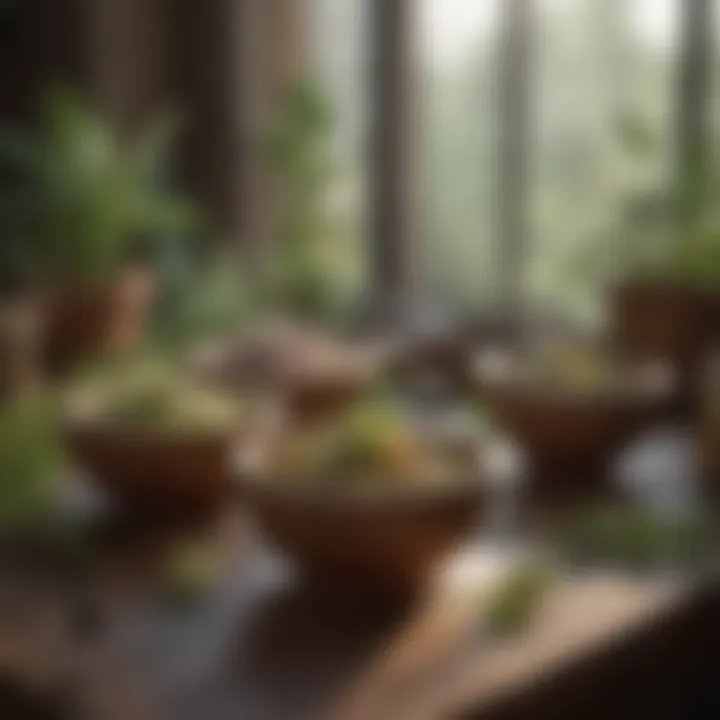 Herbal remedies displayed in small bowls