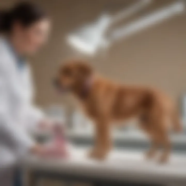 A veterinary exam room showing a dog undergoing a mammary tumor examination