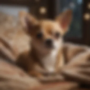 A serene scene featuring a Chihuahua on a cozy blanket.