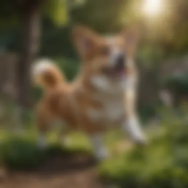 A Welsh Corgi playing in a garden.