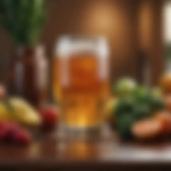 A serene image of a glass of beer placed on a table, surrounded by fresh fruits and water, emphasizing balance.