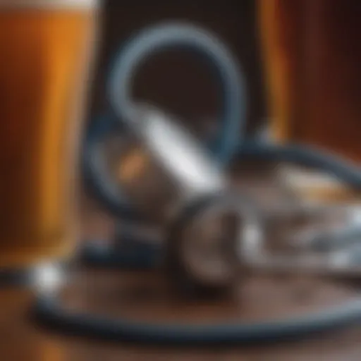 A close-up view of a beer glass next to a stethoscope, symbolizing the relationship between beer consumption and health.