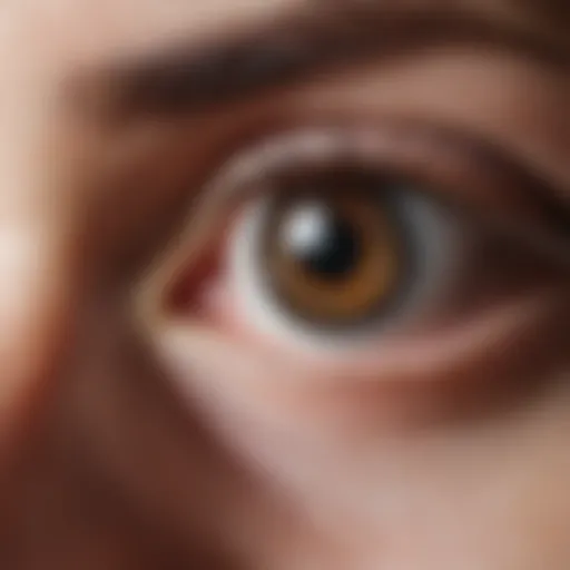 A close-up view of a dilated pupil under medical examination