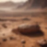 A detailed view of the Martian surface showcasing its rocky terrain and dust storms