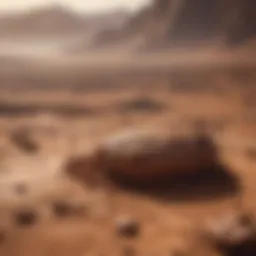 A detailed view of the Martian surface showcasing its rocky terrain and dust storms