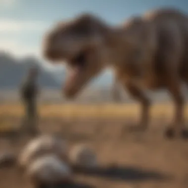 Paleontologist examining T. rex bones in a field setting