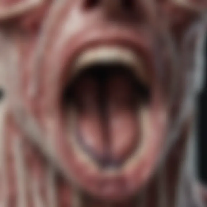 A detailed diagram illustrating the oral cavity anatomy with highlighted areas affected by carcinoma.