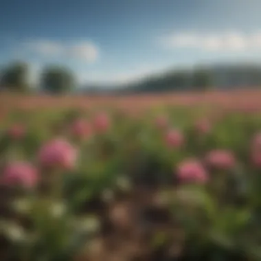 Pisum Sativum Plants in Full Bloom A vibrant field of Pisum sativum plants in full bloom under clear blue skies.