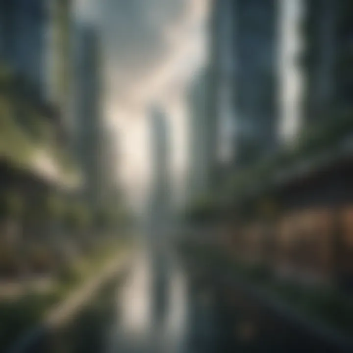 A futuristic cityscape showcasing green buildings and renewable energy sources