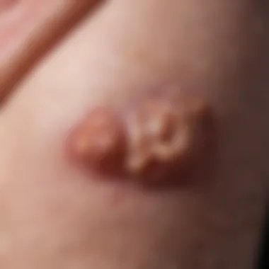 A close-up view of hidradenitis suppurativa lesions on skin, showcasing the inflamed nodules and abscesses.