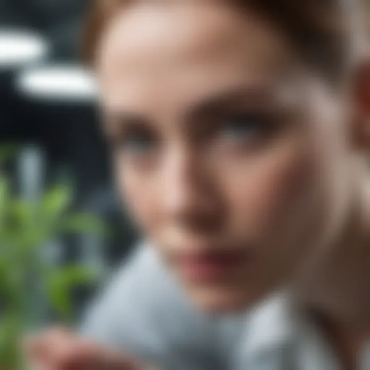 A close-up of a lab technician examining genetically modified plant samples