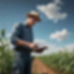 A farmer examining genetically modified crops in a field under clear skies.