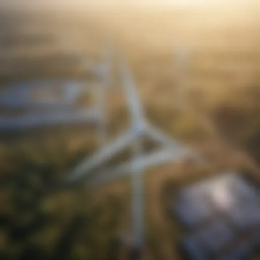 Aerial view of renewable energy sources like wind turbines and solar panels