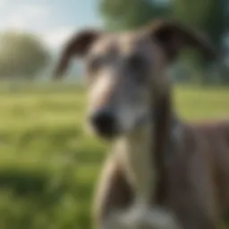 A majestic greyhound in a lush green field reflecting its grace.
