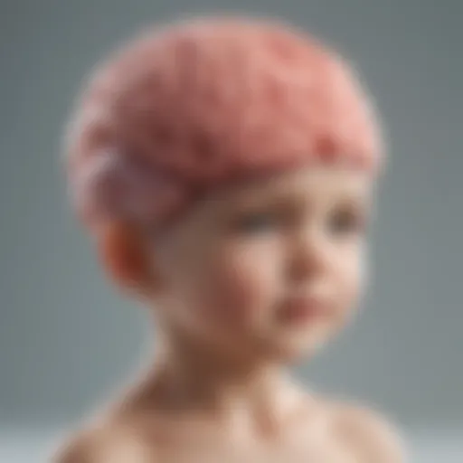 Detailed anatomical illustration of an infant brain with glioblastoma highlighted